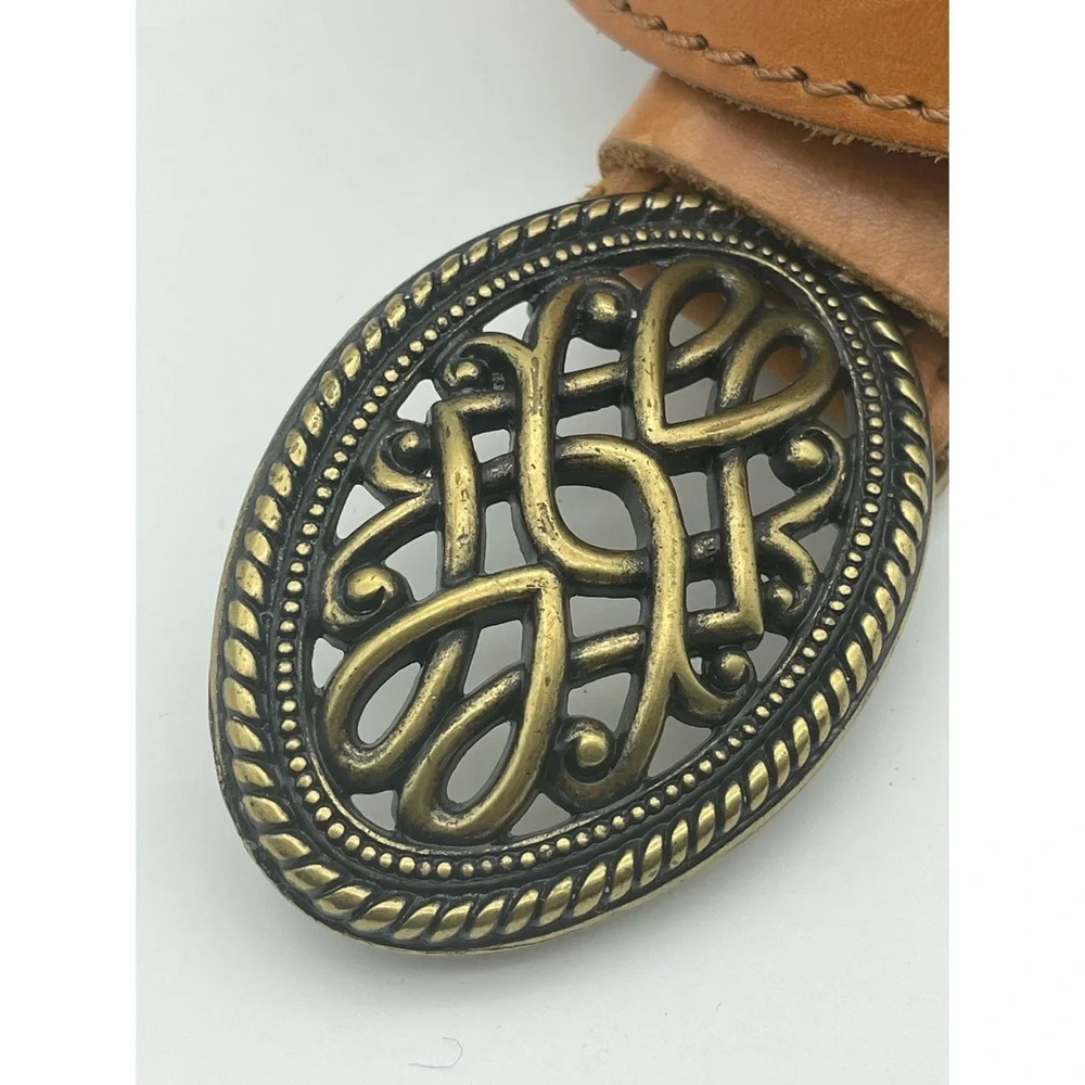 Leather Belt Brass Buckle Western Style Scroll Design Boho Tan